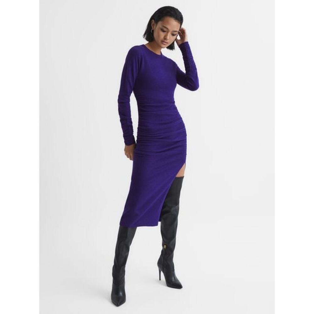 New Sz XS Reiss Charley Purple Ruched Long Sleeve Slit Wool Sweater Midi Dress